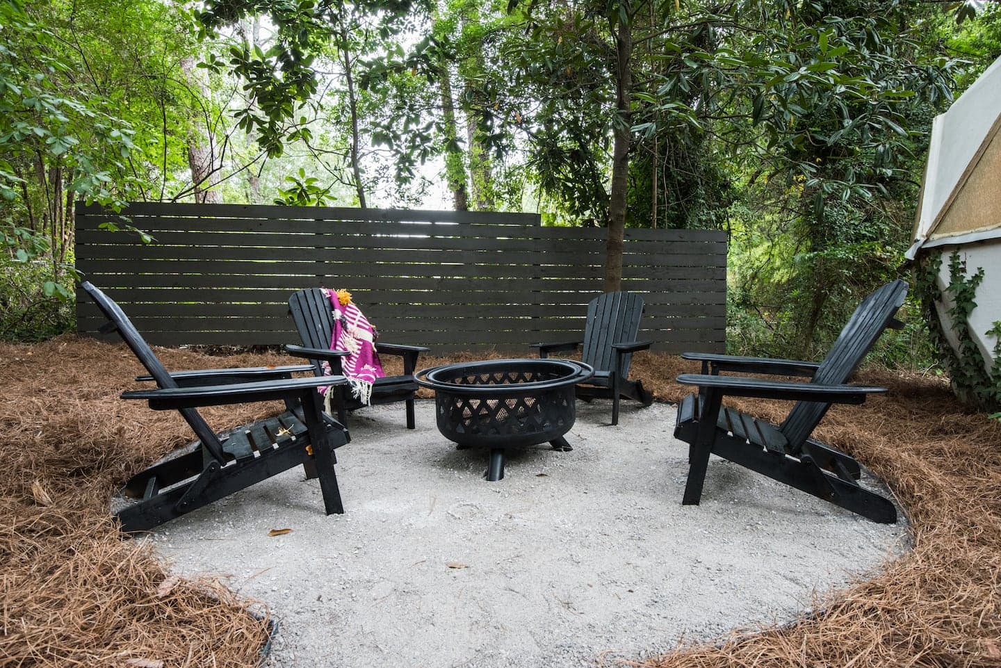 The fire pit circle, geo dome on the right.