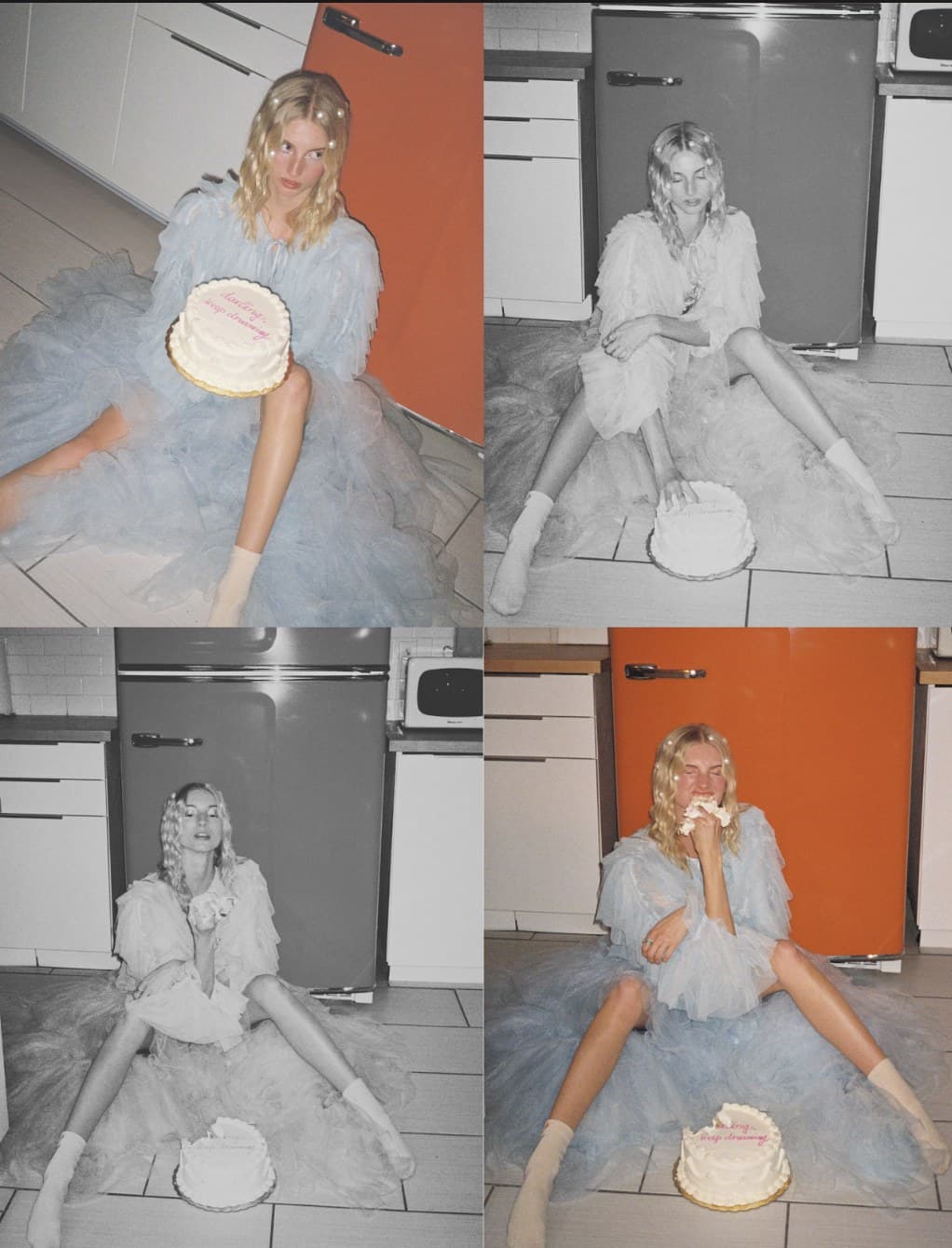 Four frames of a model in a pale blue tulle gown with a frosted cake on the kitchen floor by the orange fridge, two in color and two in black and white